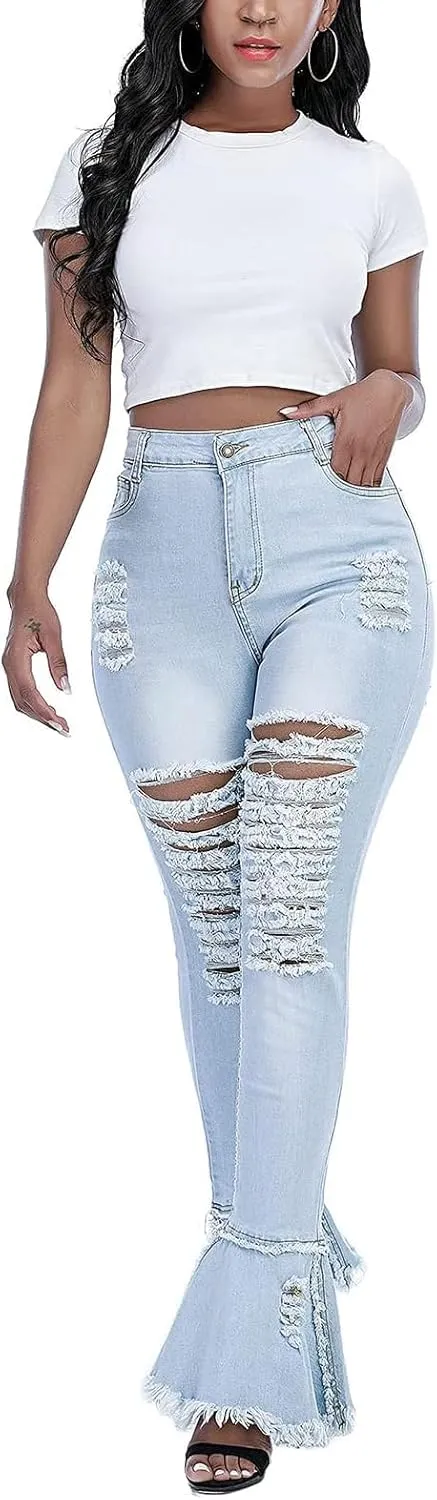Ripped Jeans Womens Bell Bottom Jeans for Women High Rise Flare Pants Destroyed Distressed Skinny Retro Denim