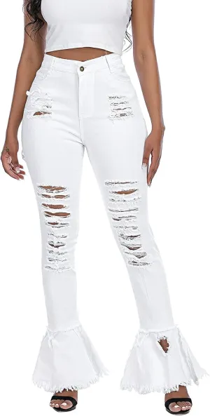 Ripped Jeans Womens Bell Bottom Jeans for Women High Rise Flare Pants Destroyed Distressed Skinny Retro Denim