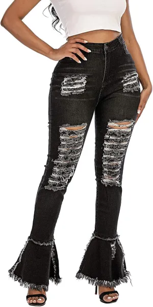 Ripped Jeans Womens Bell Bottom Jeans for Women High Rise Flare Pants Destroyed Distressed Skinny Retro Denim