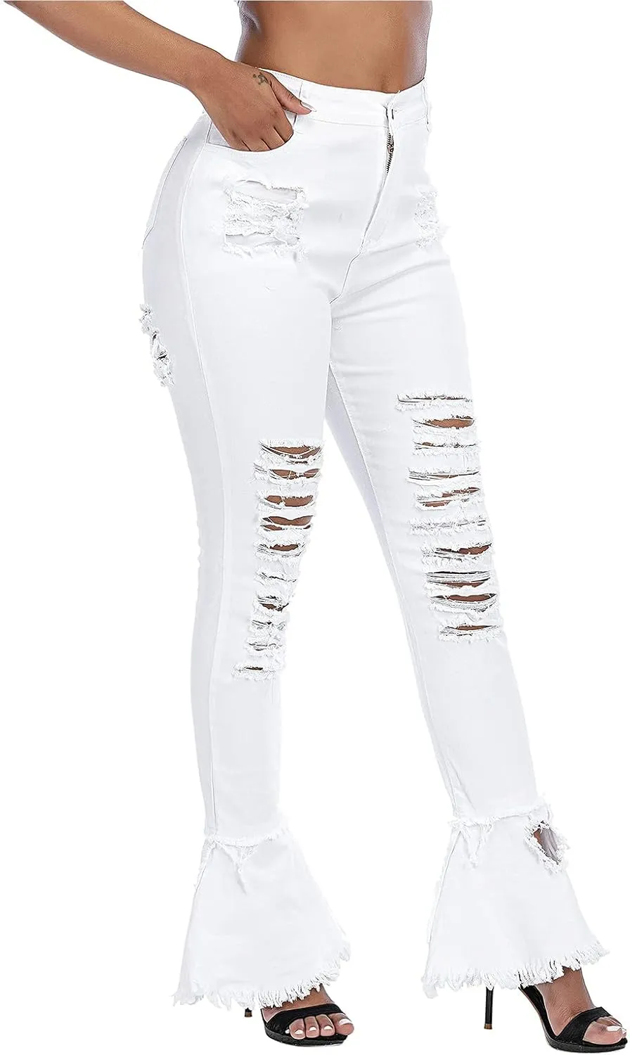 Ripped Jeans Womens Bell Bottom Jeans for Women High Rise Flare Pants Destroyed Distressed Skinny Retro Denim
