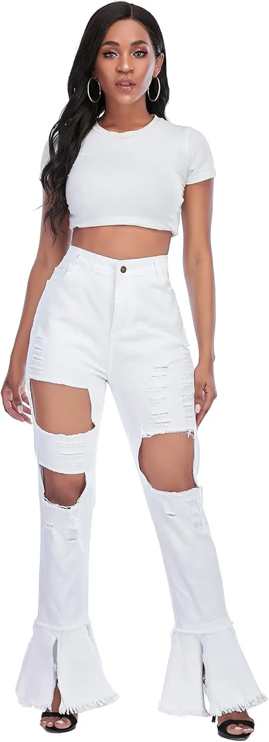 Ripped Jeans Womens Bell Bottom Jeans for Women High Rise Flare Pants Destroyed Distressed Skinny Retro Denim