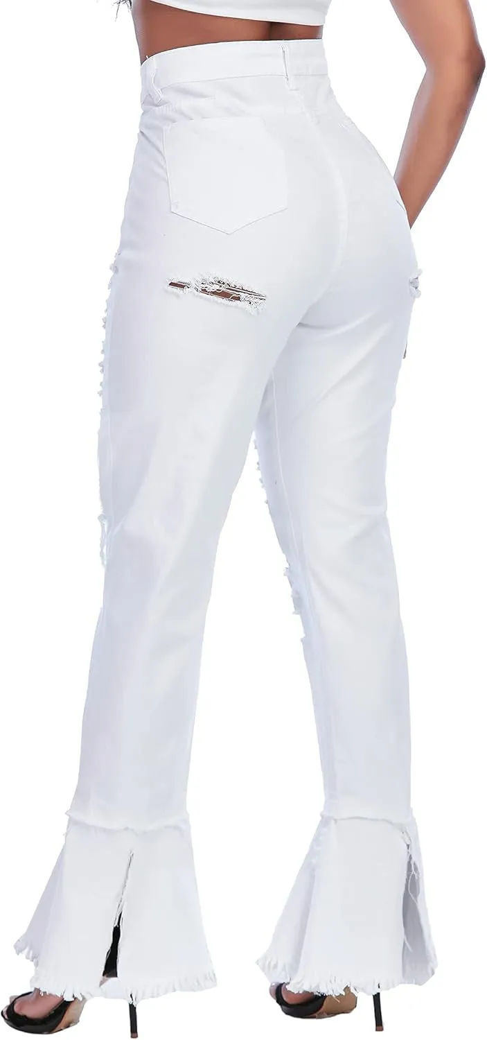 Ripped Jeans Womens Bell Bottom Jeans for Women High Rise Flare Pants Destroyed Distressed Skinny Retro Denim