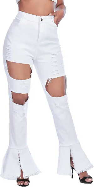 Ripped Jeans Womens Bell Bottom Jeans for Women High Rise Flare Pants Destroyed Distressed Skinny Retro Denim