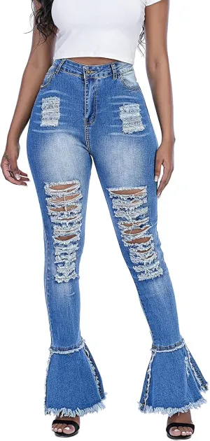 Ripped Jeans Womens Bell Bottom Jeans for Women High Rise Flare Pants Destroyed Distressed Skinny Retro Denim