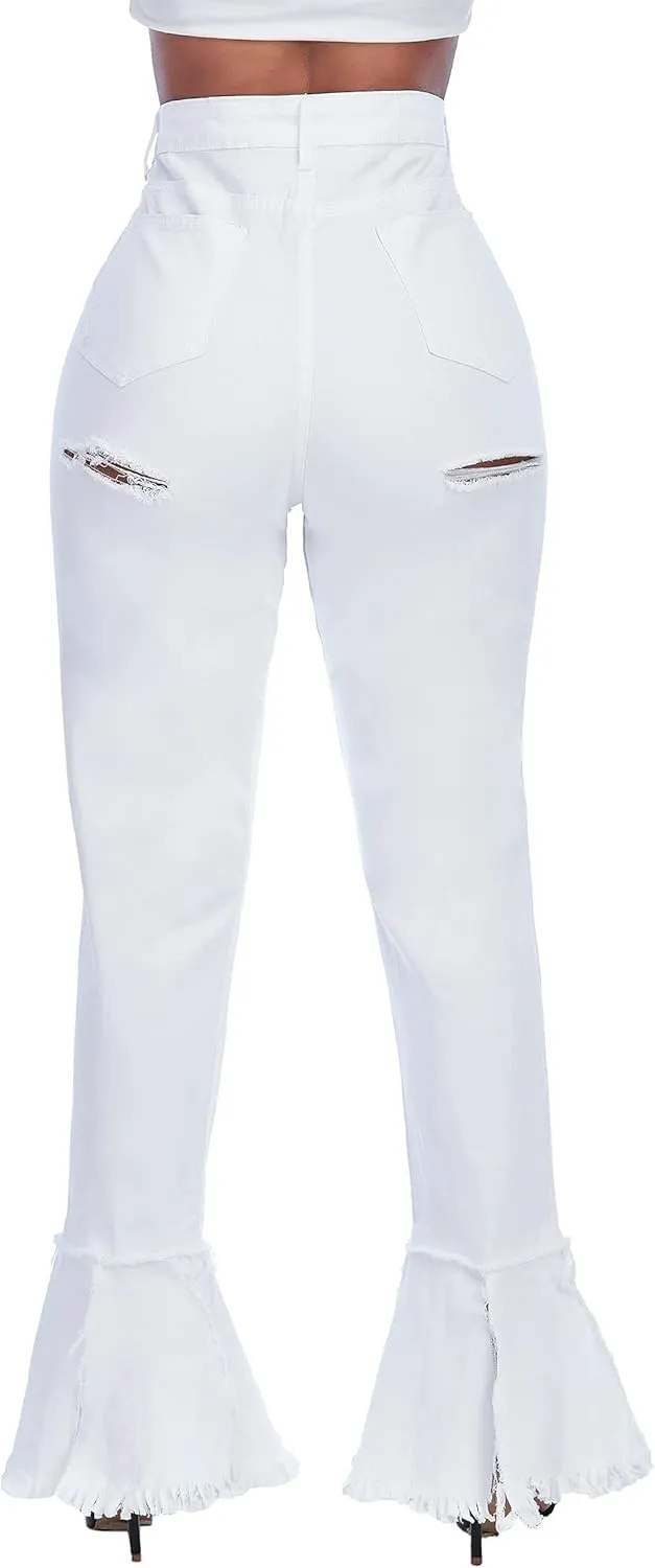 Ripped Jeans Womens Bell Bottom Jeans for Women High Rise Flare Pants Destroyed Distressed Skinny Retro Denim