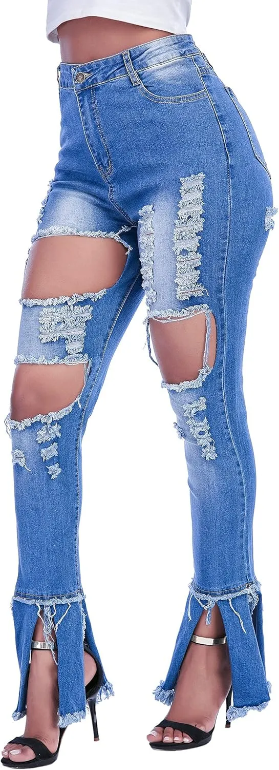 Ripped Jeans Womens Bell Bottom Jeans for Women High Rise Flare Pants Destroyed Distressed Skinny Retro Denim