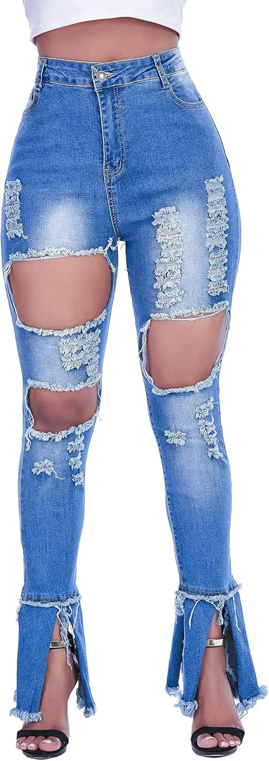 Ripped Jeans Womens Bell Bottom Jeans for Women High Rise Flare Pants Destroyed Distressed Skinny Retro Denim