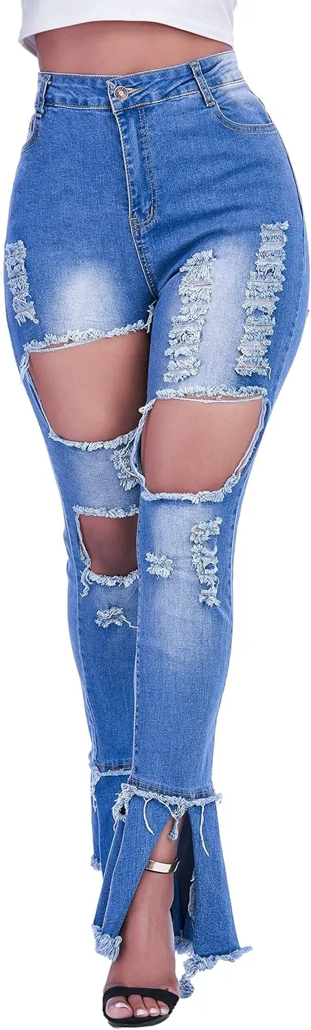 Ripped Jeans Womens Bell Bottom Jeans for Women High Rise Flare Pants Destroyed Distressed Skinny Retro Denim