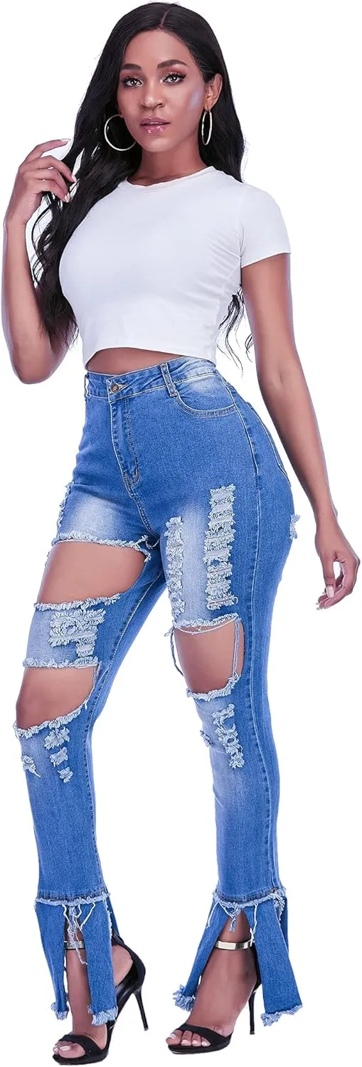 Ripped Jeans Womens Bell Bottom Jeans for Women High Rise Flare Pants Destroyed Distressed Skinny Retro Denim