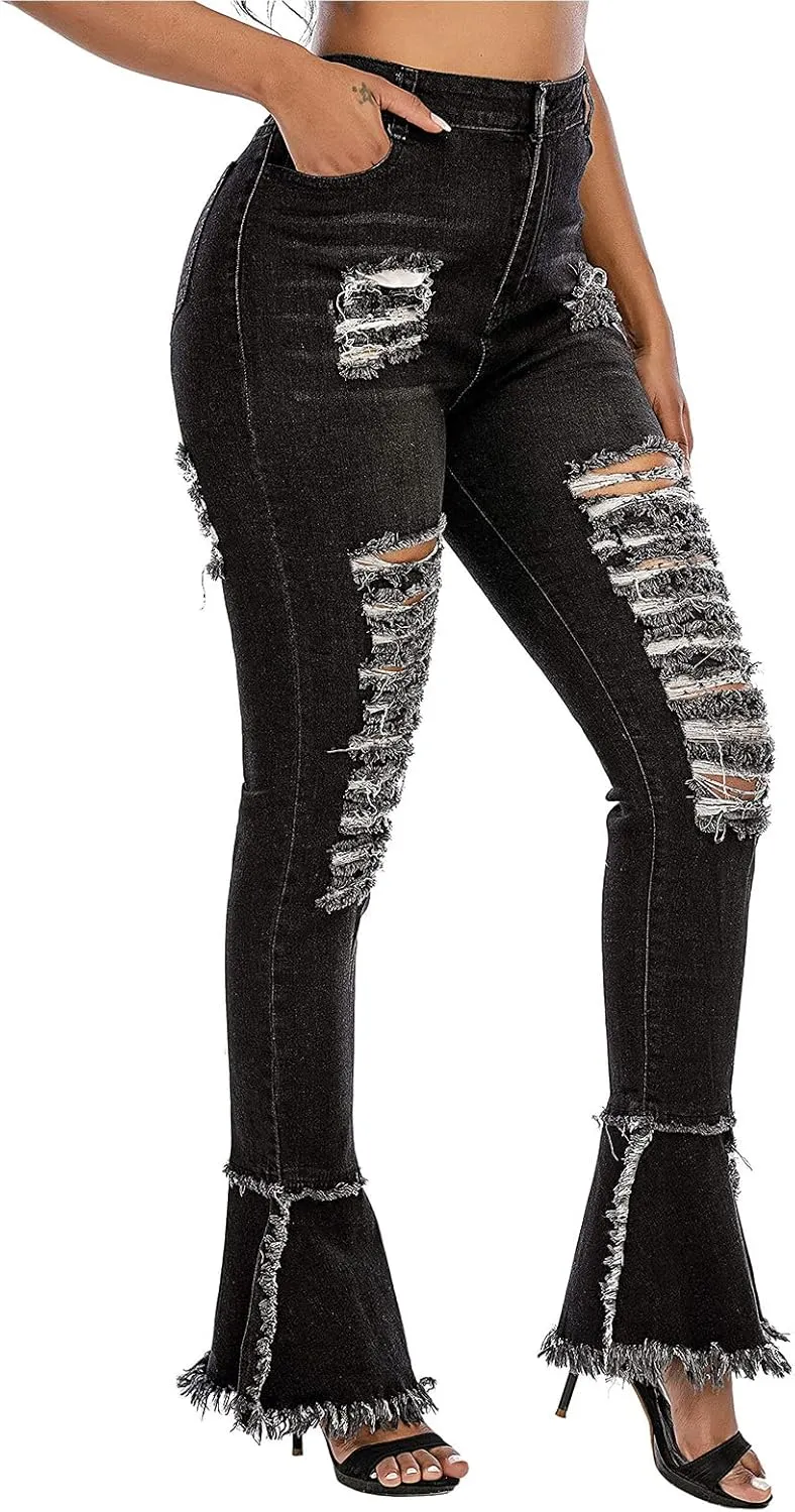 Ripped Jeans Womens Bell Bottom Jeans for Women High Rise Flare Pants Destroyed Distressed Skinny Retro Denim