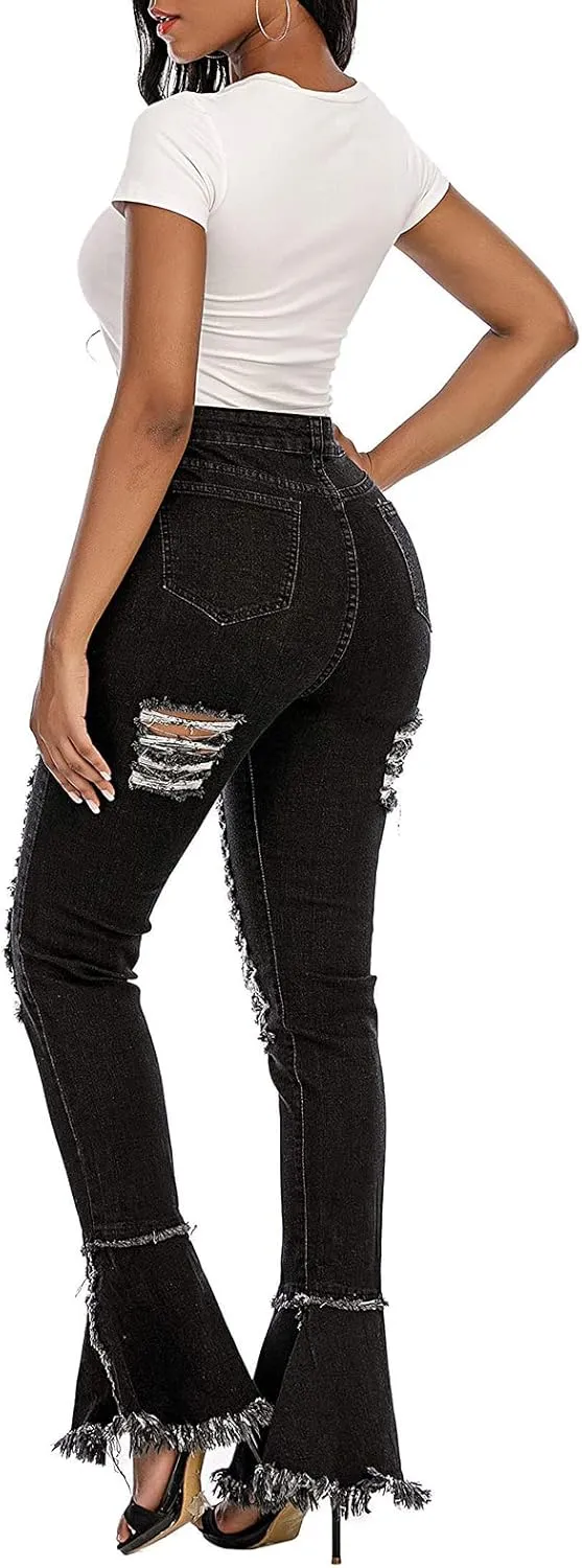 Ripped Jeans Womens Bell Bottom Jeans for Women High Rise Flare Pants Destroyed Distressed Skinny Retro Denim