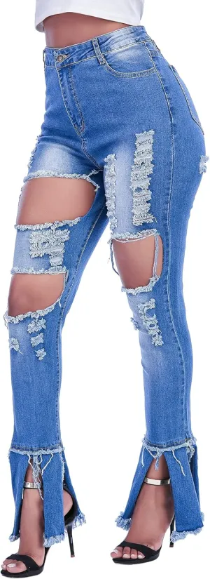 Ripped Jeans Womens Bell Bottom Jeans for Women High Rise Flare Pants Destroyed Distressed Skinny Retro Denim