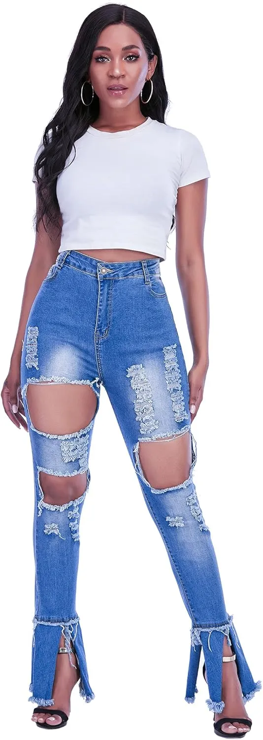Ripped Jeans Womens Bell Bottom Jeans for Women High Rise Flare Pants Destroyed Distressed Skinny Retro Denim