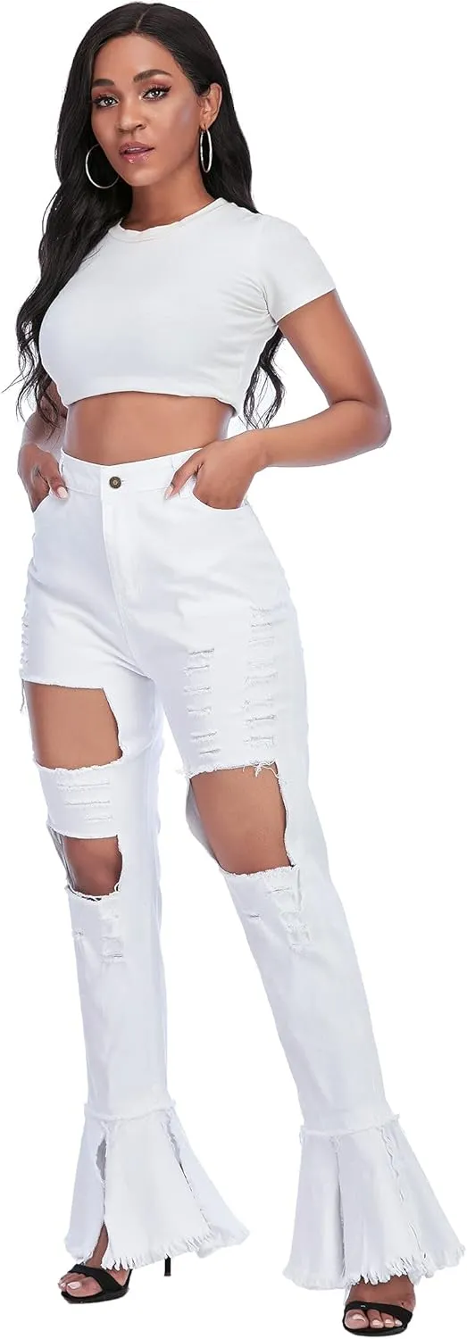 Ripped Jeans Womens Bell Bottom Jeans for Women High Rise Flare Pants Destroyed Distressed Skinny Retro Denim