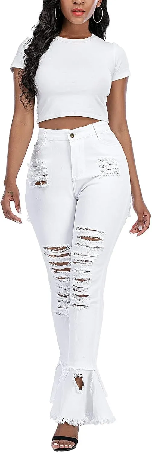 Ripped Jeans Womens Bell Bottom Jeans for Women High Rise Flare Pants Destroyed Distressed Skinny Retro Denim