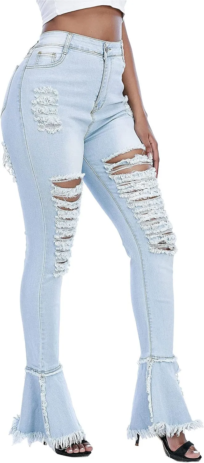 Ripped Jeans Womens Bell Bottom Jeans for Women High Rise Flare Pants Destroyed Distressed Skinny Retro Denim