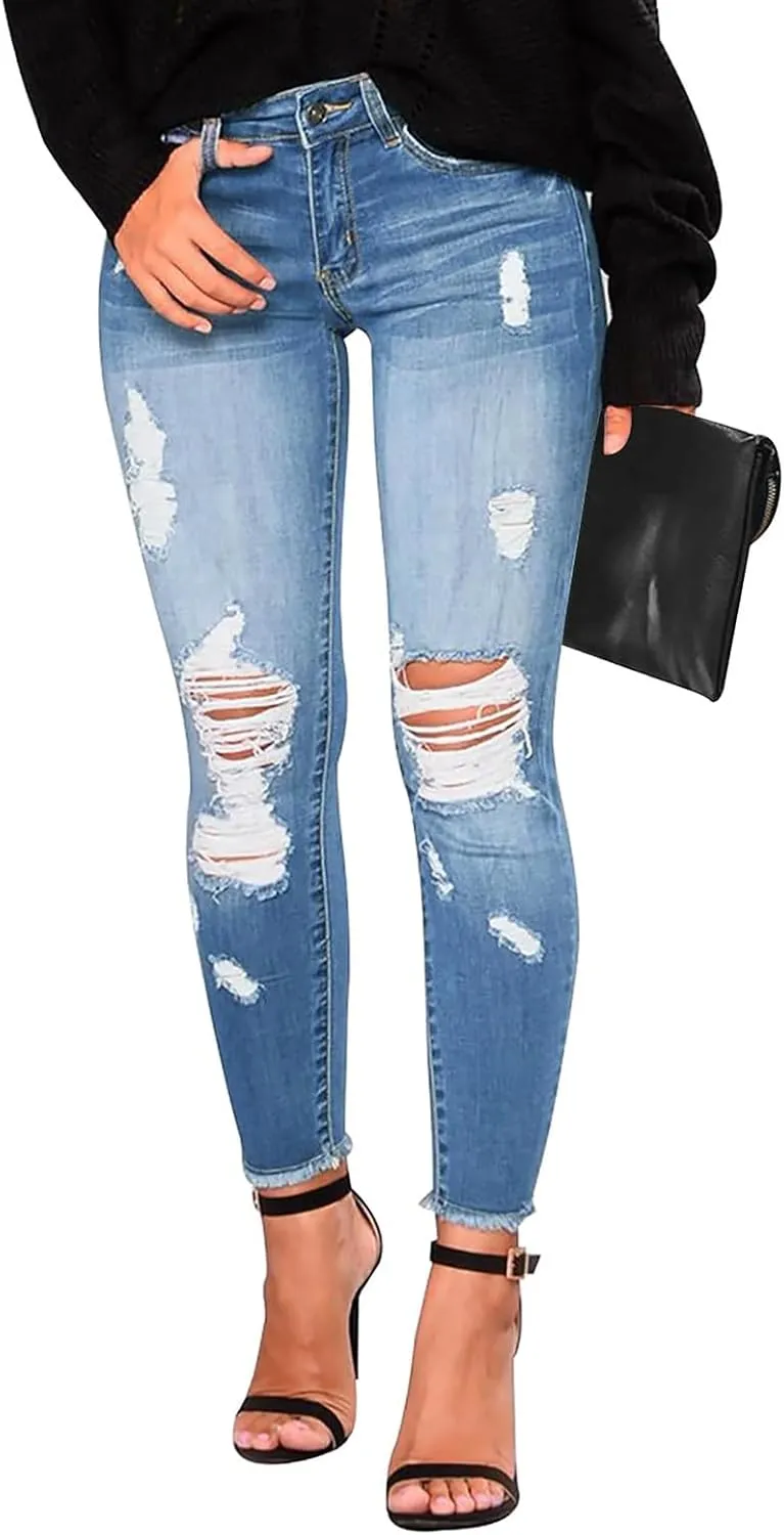 Ripped Jeans Womens Fall Fashion 2024 Trendy Winter Skinny Jeans High Waisted Tummy Control Jeggings Denim Leggings