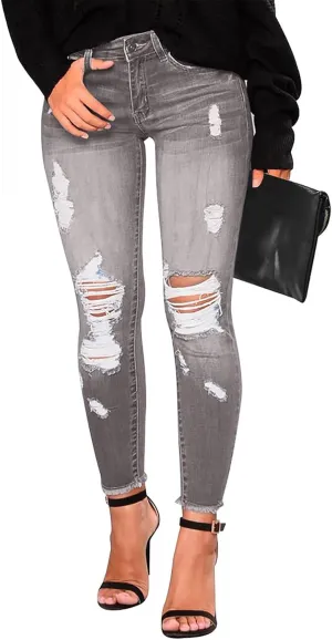 Ripped Jeans Womens High Waisted Skinny Jeans Y2K Petite Sexy Crop Denim Pants Distressed Raw Hem Jean Joggers