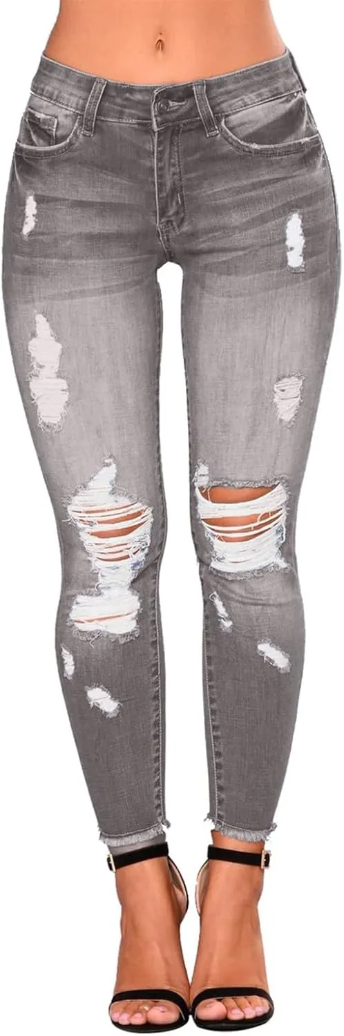 Ripped Jeans Womens High Waisted Skinny Jeans Y2K Petite Sexy Crop Denim Pants Distressed Raw Hem Jean Joggers
