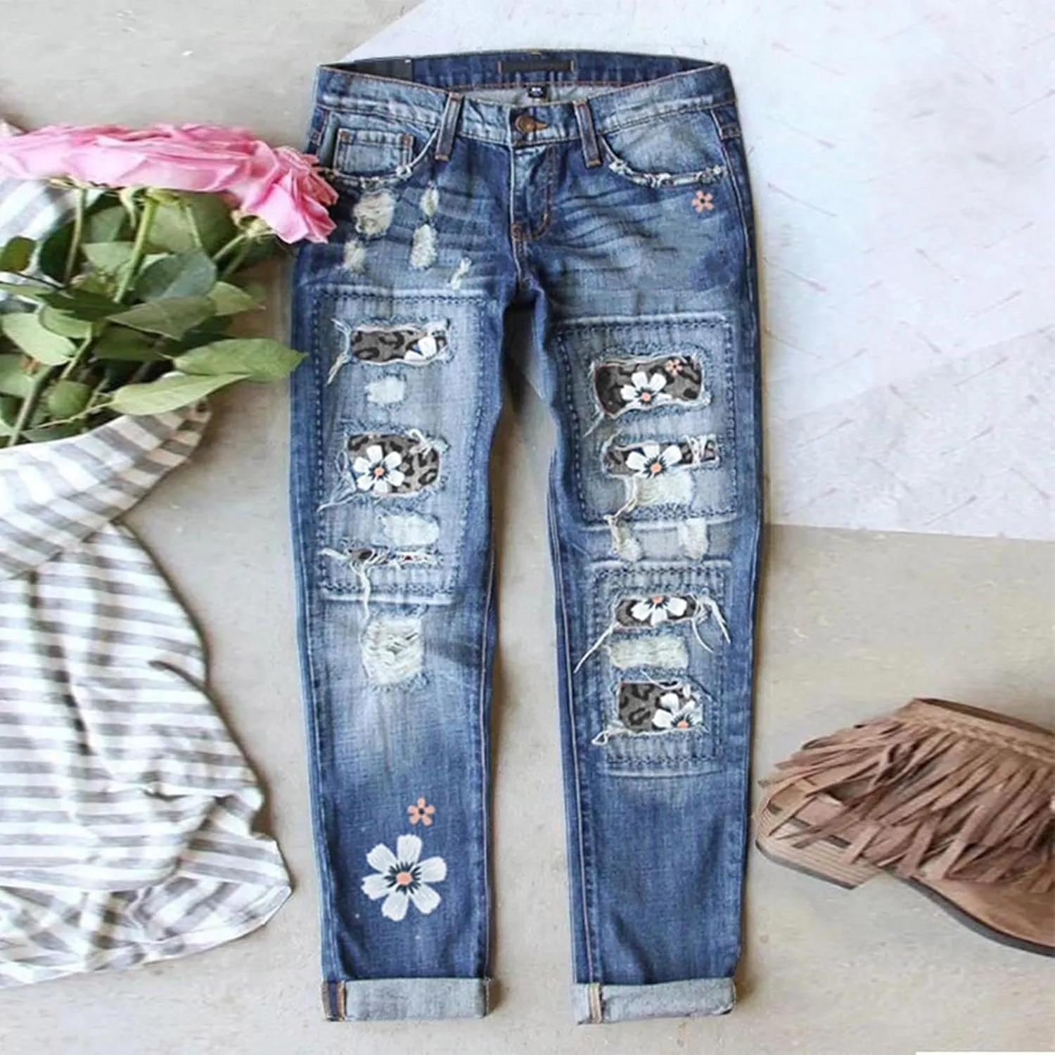 Ripped Jeans Womens Straight Leg Roll-up Denim Pants Classic Distressed Frayed Raw Hem Iron on Patches for Jeans