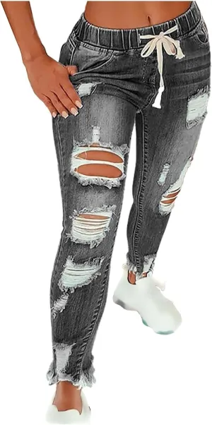 Ripped Jeans Womens Stretch Frayed Raw Hem Pull On Elastic Waist Jeans Trendy Casual Skinny Distressed Ankle Jeggings