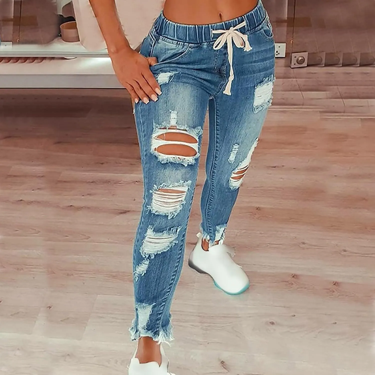 Ripped Jeans Womens Stretch Frayed Raw Hem Pull On Elastic Waist Jeans Trendy Casual Skinny Distressed Ankle Jeggings