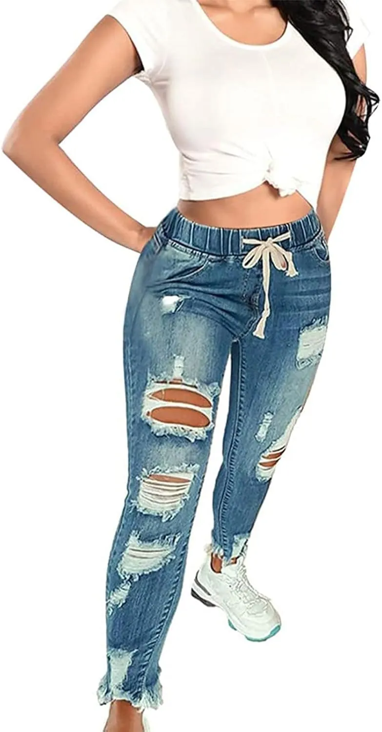 Ripped Jeans Womens Stretch Frayed Raw Hem Pull On Elastic Waist Jeans Trendy Casual Skinny Distressed Ankle Jeggings