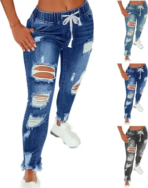 Ripped Jeans Womens Stretch Frayed Raw Hem Pull On Elastic Waist Jeans Trendy Casual Skinny Distressed Ankle Jeggings