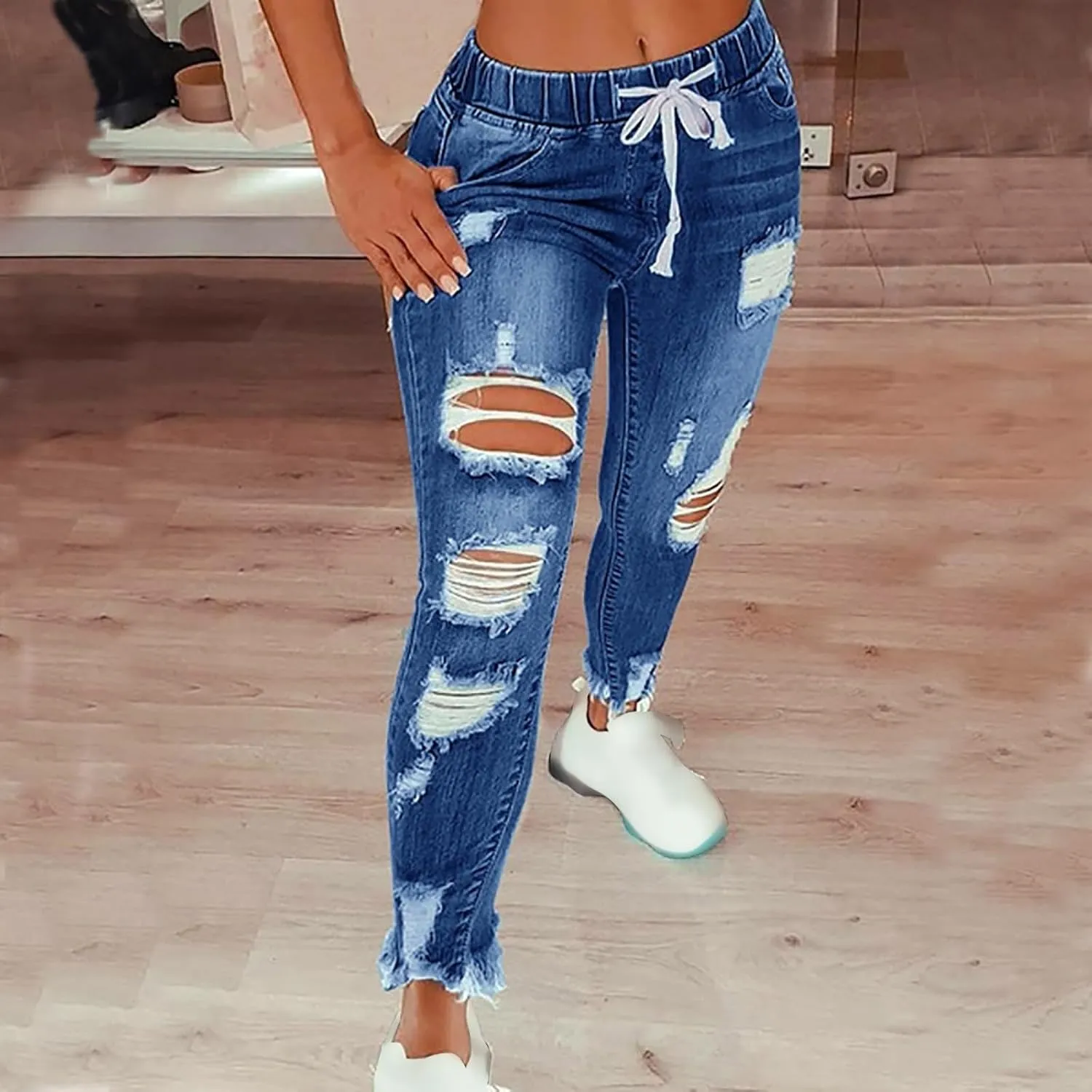 Ripped Jeans Womens Stretch Frayed Raw Hem Pull On Elastic Waist Jeans Trendy Casual Skinny Distressed Ankle Jeggings