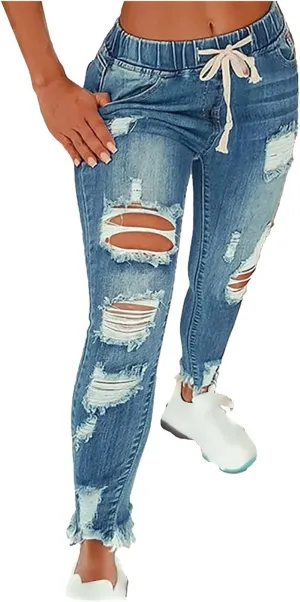 Ripped Jeans Womens Stretch Frayed Raw Hem Pull On Elastic Waist Jeans Trendy Casual Skinny Distressed Ankle Jeggings