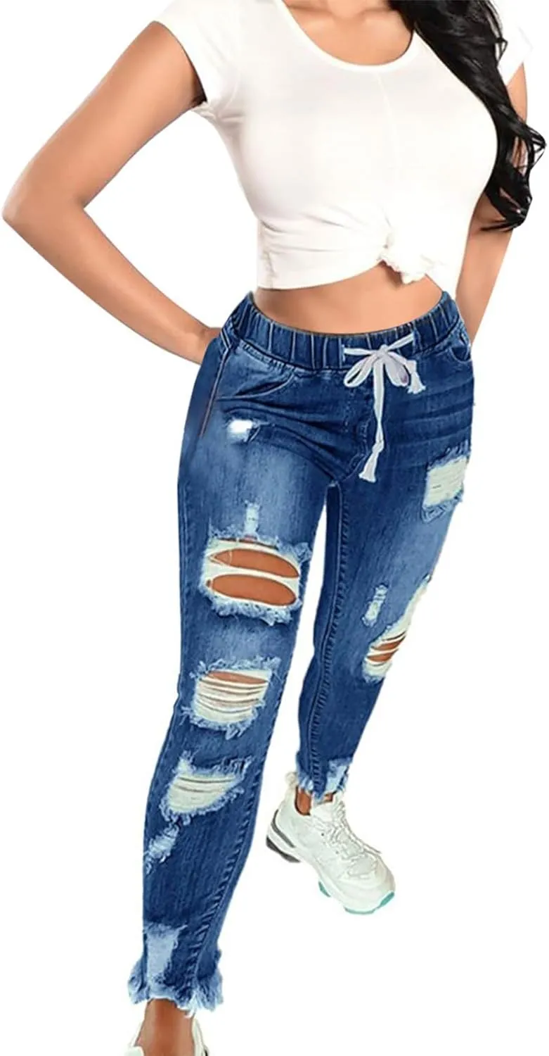 Ripped Jeans Womens Stretch Frayed Raw Hem Pull On Elastic Waist Jeans Trendy Casual Skinny Distressed Ankle Jeggings