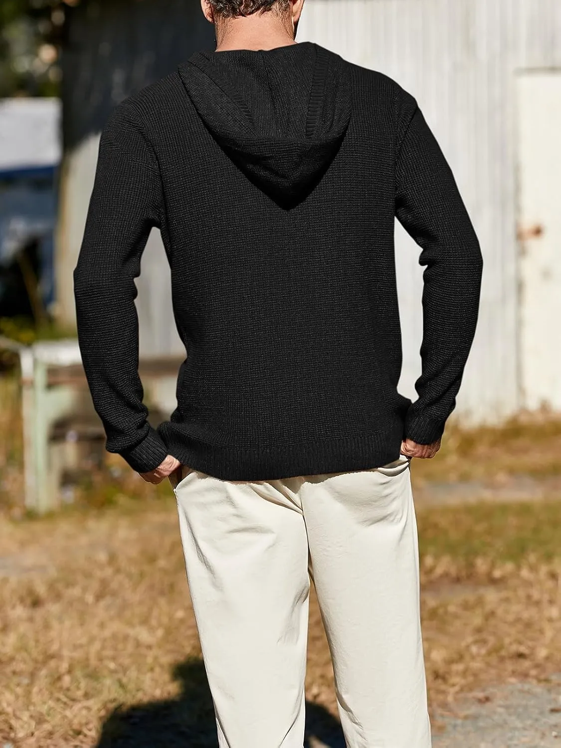 Runcati Mens Hoodies Pullover Waffle Knit Sweater Long Sleeve Lightweight Hooded Sweatshirt