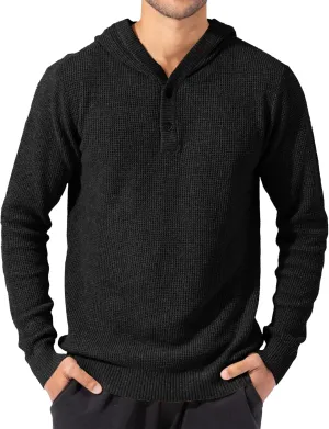 Runcati Mens Hoodies Pullover Waffle Knit Sweater Long Sleeve Lightweight Hooded Sweatshirt