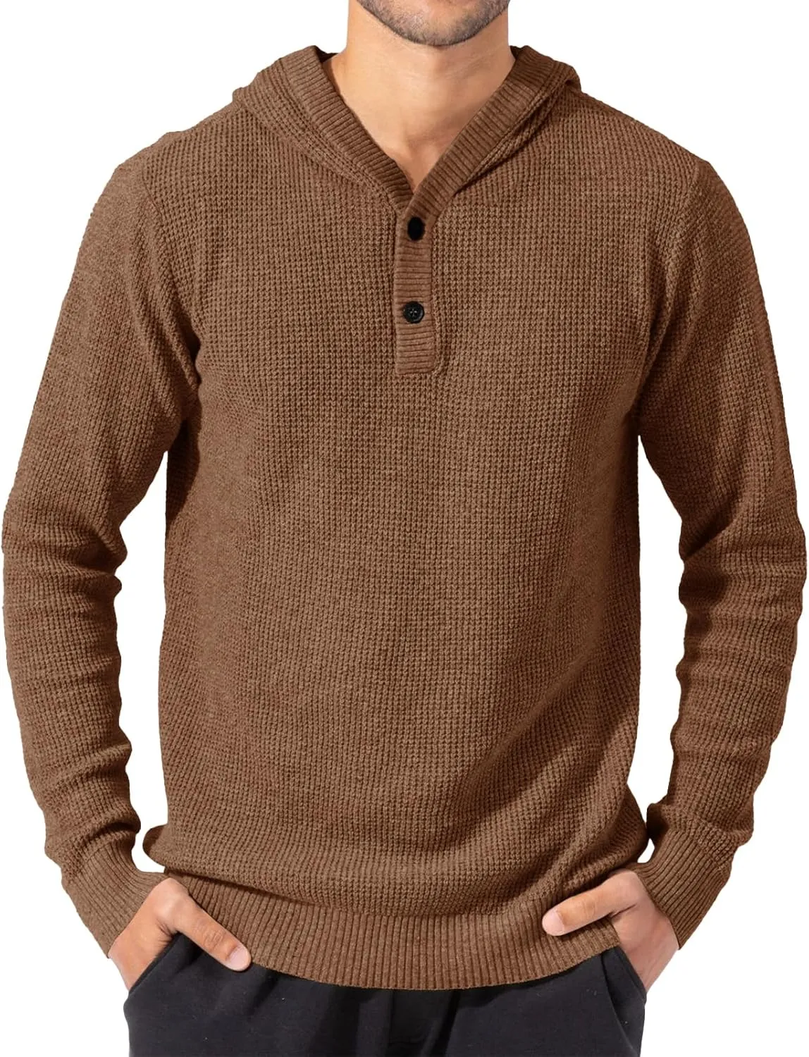 Runcati Mens Hoodies Pullover Waffle Knit Sweater Long Sleeve Lightweight Hooded Sweatshirt