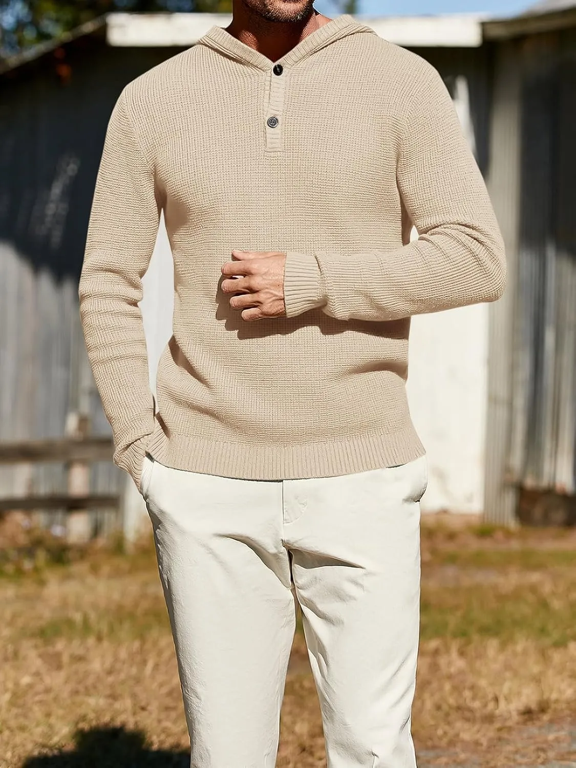 Runcati Mens Hoodies Pullover Waffle Knit Sweater Long Sleeve Lightweight Hooded Sweatshirt