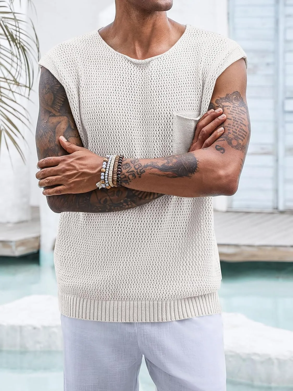 Runcati Mens Knitted Tank Tops Casual Crochet Cap Sleeve T-Shirts Summer Beach Hippie Sweater Vest