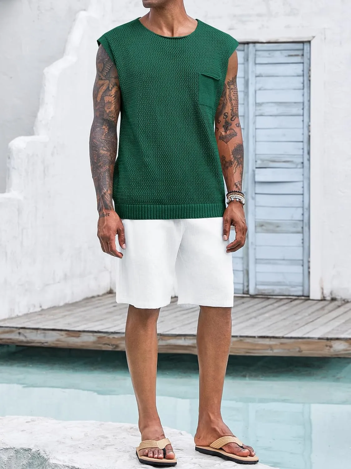 Runcati Mens Knitted Tank Tops Casual Crochet Cap Sleeve T-Shirts Summer Beach Hippie Sweater Vest