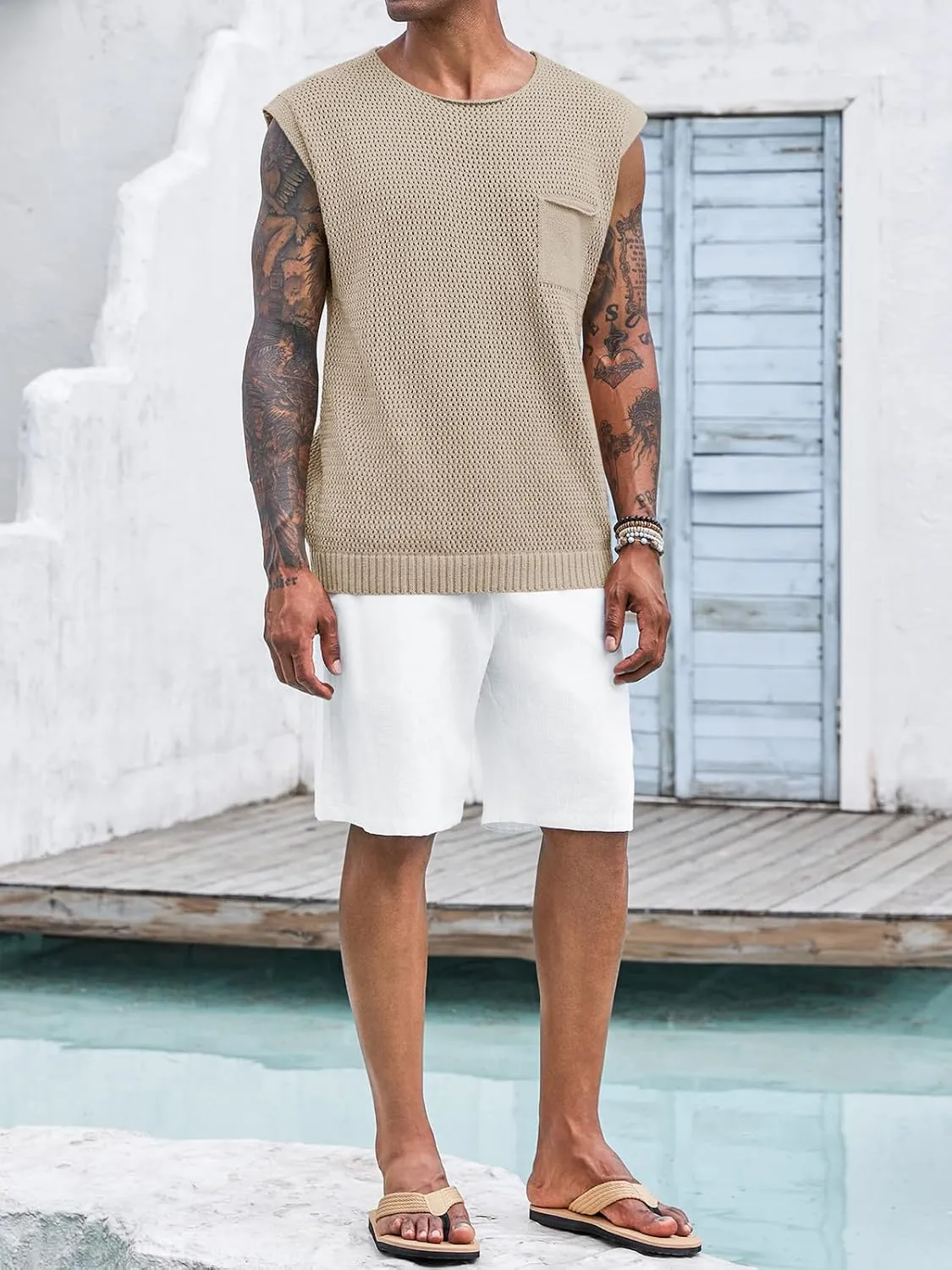 Runcati Mens Knitted Tank Tops Casual Crochet Cap Sleeve T-Shirts Summer Beach Hippie Sweater Vest