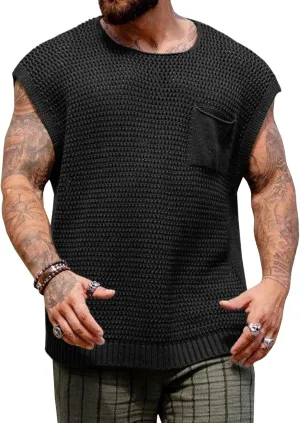 Runcati Mens Knitted Tank Tops Casual Crochet Cap Sleeve T-Shirts Summer Beach Hippie Sweater Vest