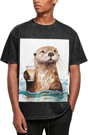 Sea Otter Mens Oversized T Shirts Vintage Cotton Short Sleeves Casual Summer Tee Washed Unisex Tops