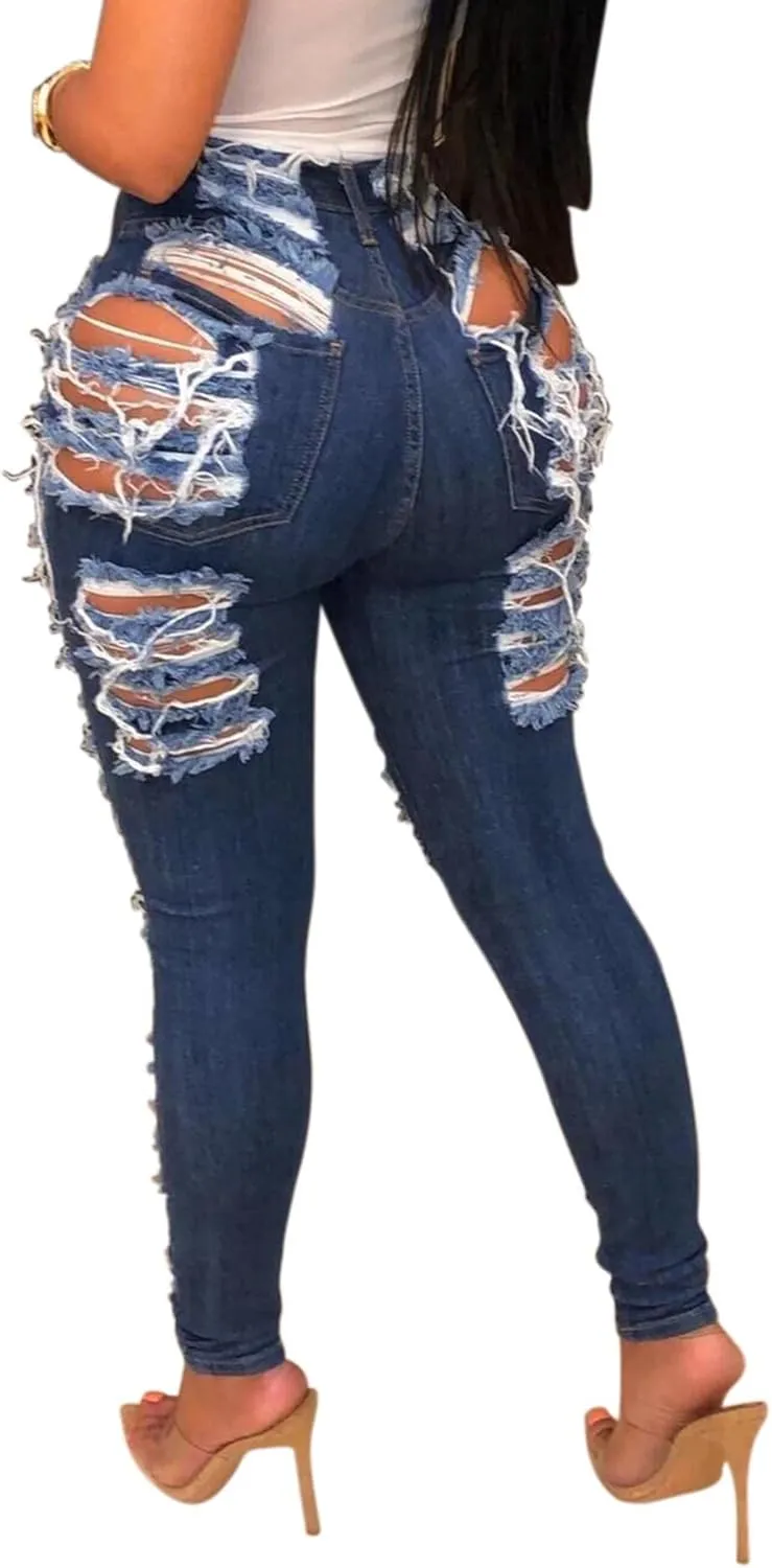 Sexyshine Women's High Waisted Skinny Ripped Jeans Stretch Destroyed Hole Denim Pants Hollow Out Long Pencil Jeans
