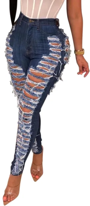 Sexyshine Women's High Waisted Skinny Ripped Jeans Stretch Destroyed Hole Denim Pants Hollow Out Long Pencil Jeans