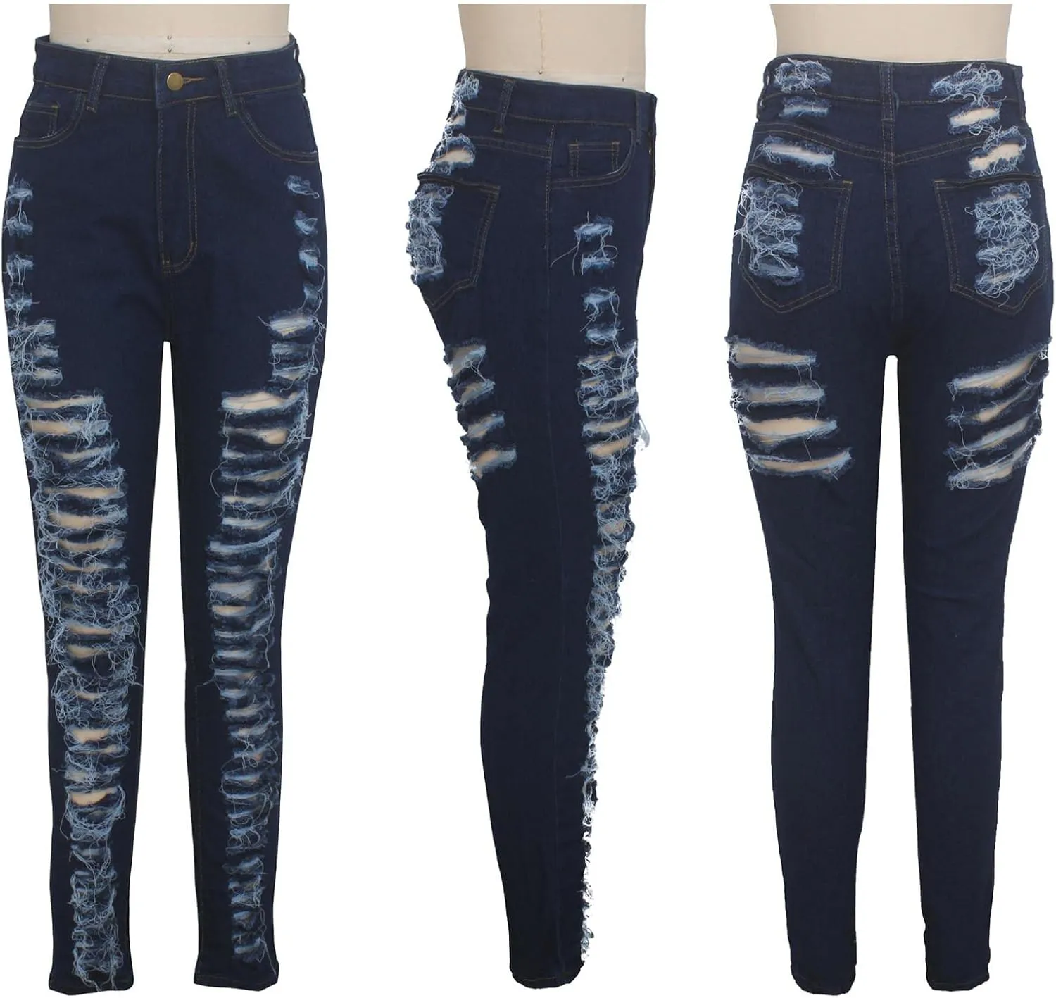 Sexyshine Women's High Waisted Skinny Ripped Jeans Stretch Destroyed Hole Denim Pants Hollow Out Long Pencil Jeans
