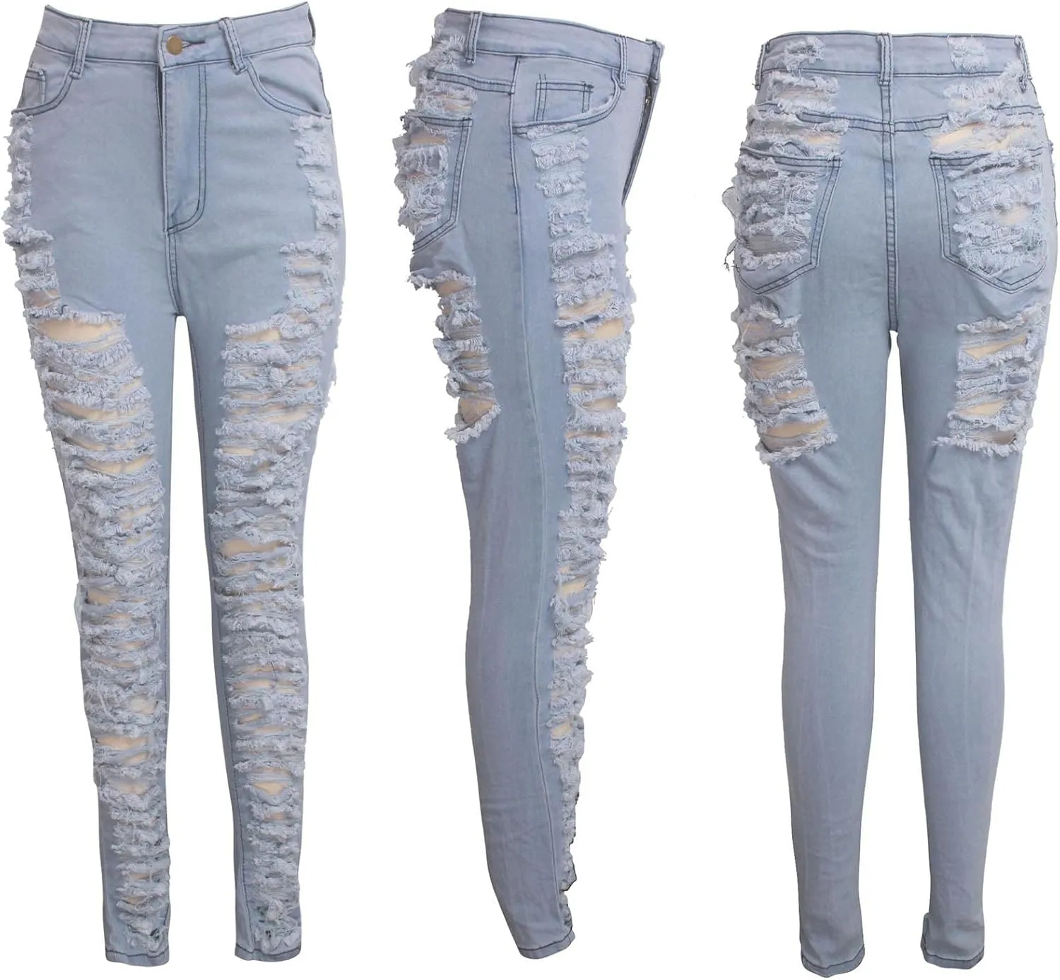 Sexyshine Women's High Waisted Skinny Ripped Jeans Stretch Destroyed Hole Denim Pants Hollow Out Long Pencil Jeans