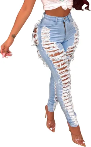 Sexyshine Women's High Waisted Skinny Ripped Jeans Stretch Destroyed Hole Denim Pants Hollow Out Long Pencil Jeans