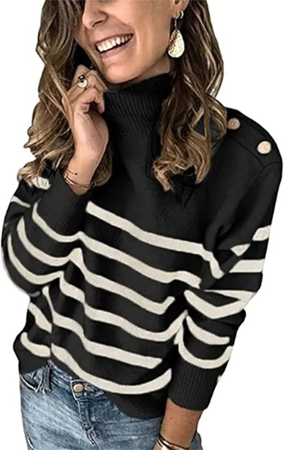 SHAOBGE Chunky Button Sweaters for Women Women'S Color-Blocking Striped Turtleneck Sweater Long Sleeve Knit Long Thick