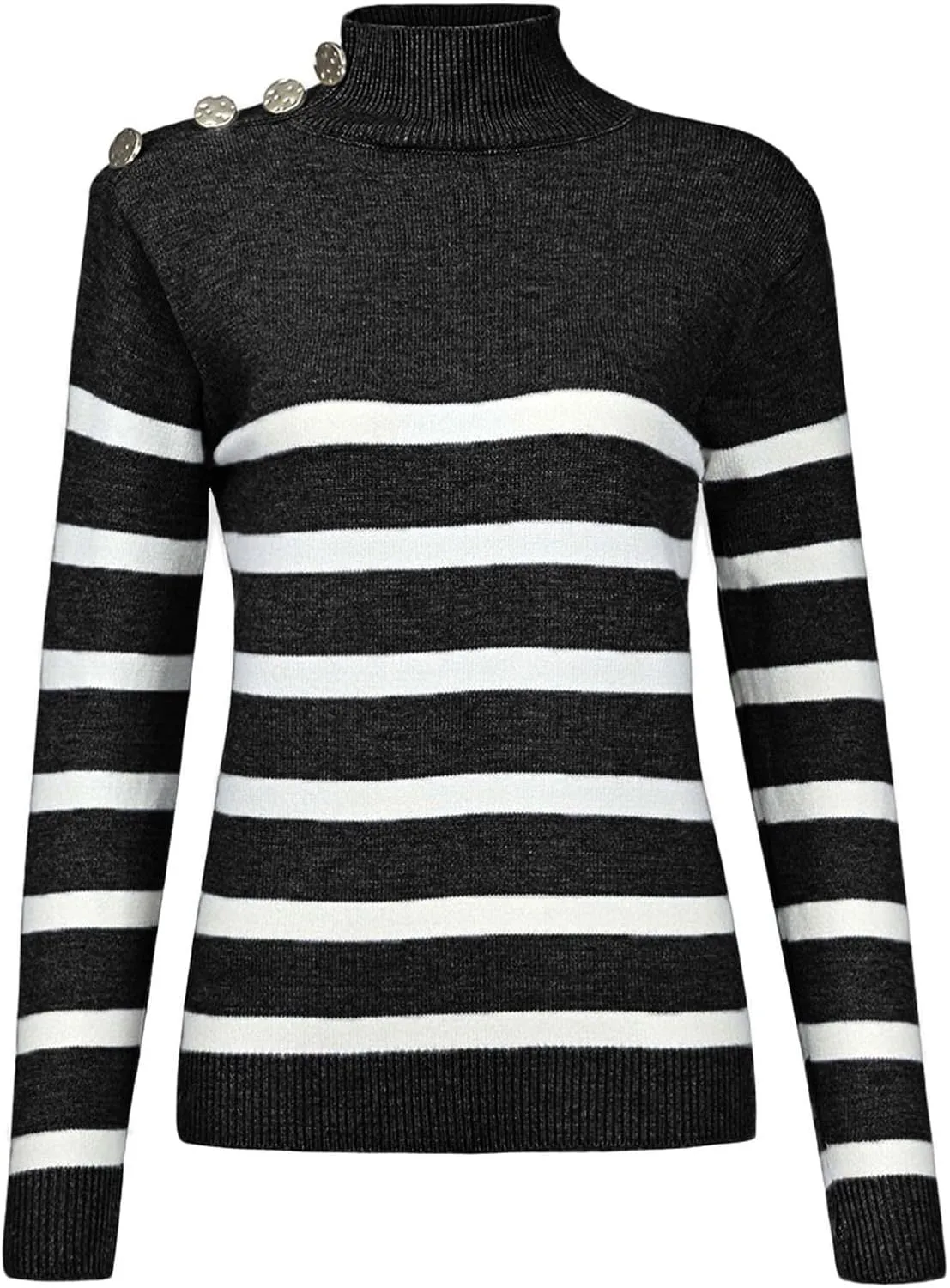 SHAOBGE Chunky Button Sweaters for Women Women'S Color-Blocking Striped Turtleneck Sweater Long Sleeve Knit Long Thick