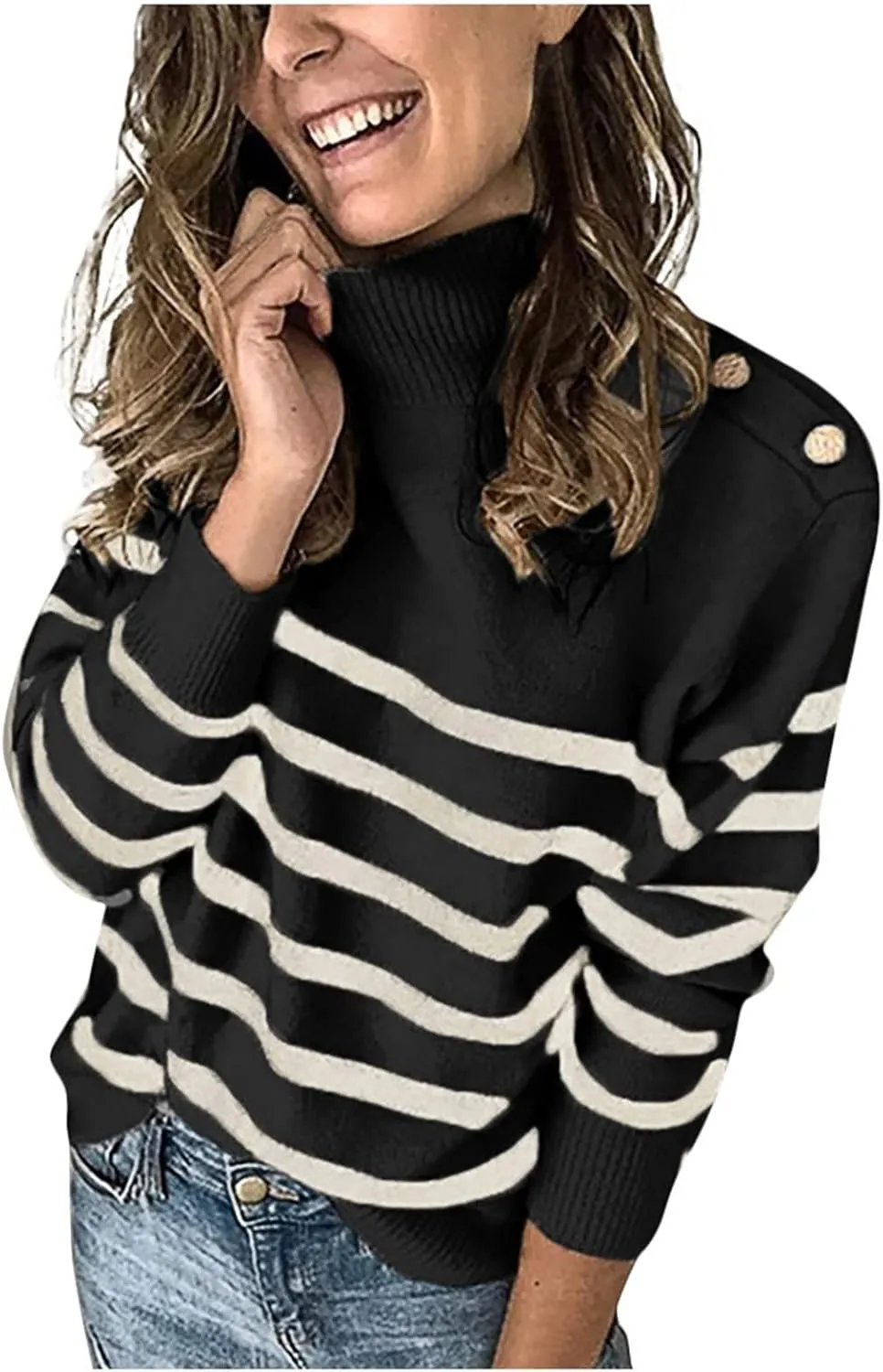 SHAOBGE Chunky Button Sweaters for Women Women'S Color-Blocking Striped Turtleneck Sweater Long Sleeve Knit Long Thick