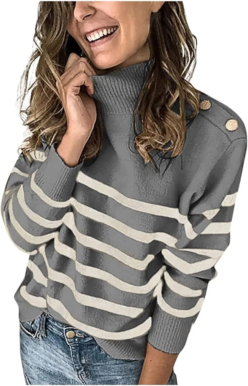SHAOBGE Chunky Button Sweaters for Women Women'S Color-Blocking Striped Turtleneck Sweater Long Sleeve Knit Long Thick