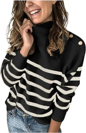 SHAOBGE Chunky Button Sweaters for Women Women'S Color-Blocking Striped Turtleneck Sweater Long Sleeve Knit Long Thick